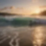 A stunning view of surfers riding waves at a Puerto Rican beach during sunset.