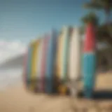Colorful surfboards lined up on the beach