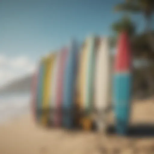 Colorful surfboards lined up on the beach