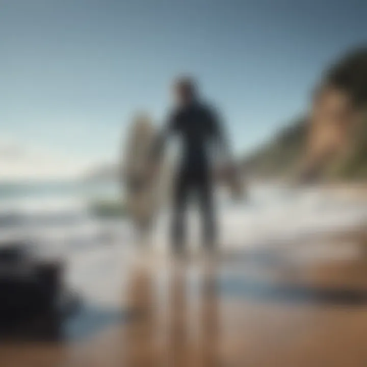 A surfer checking gear before hitting the waves