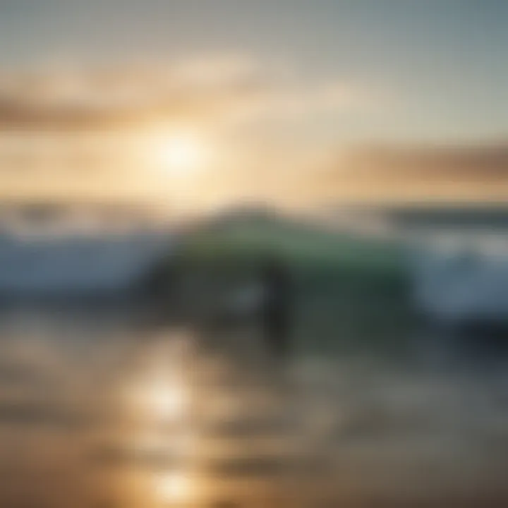 A serene sunrise over the ocean with surfers paddling out