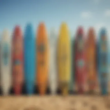 Colorful surfboards lined up against the beach backdrop