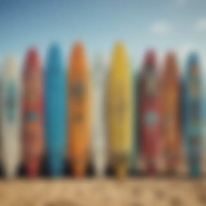 Colorful surfboards lined up against the beach backdrop