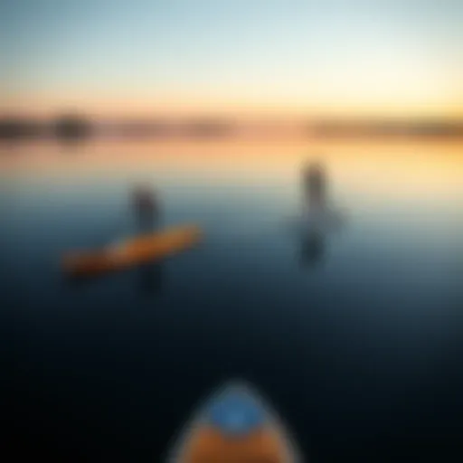 A tranquil lake scene with paddleboards on the water