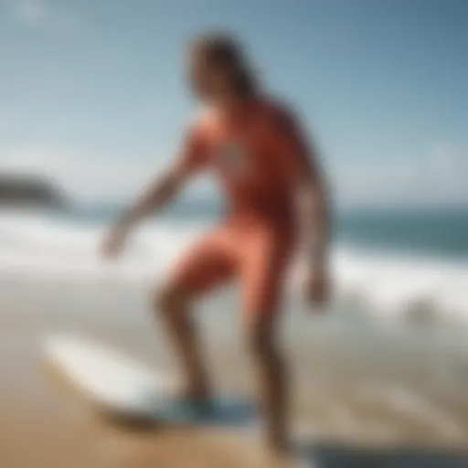 Stylish surfboarder showcasing skater clothing on the beach