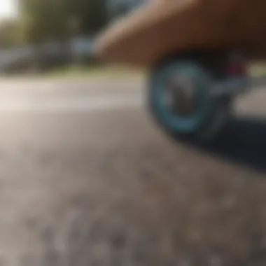 Close-up of surf skateboard wheels on a smooth pavement