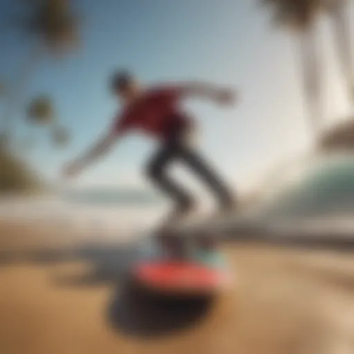 A vibrant surf skateboard on a scenic beach