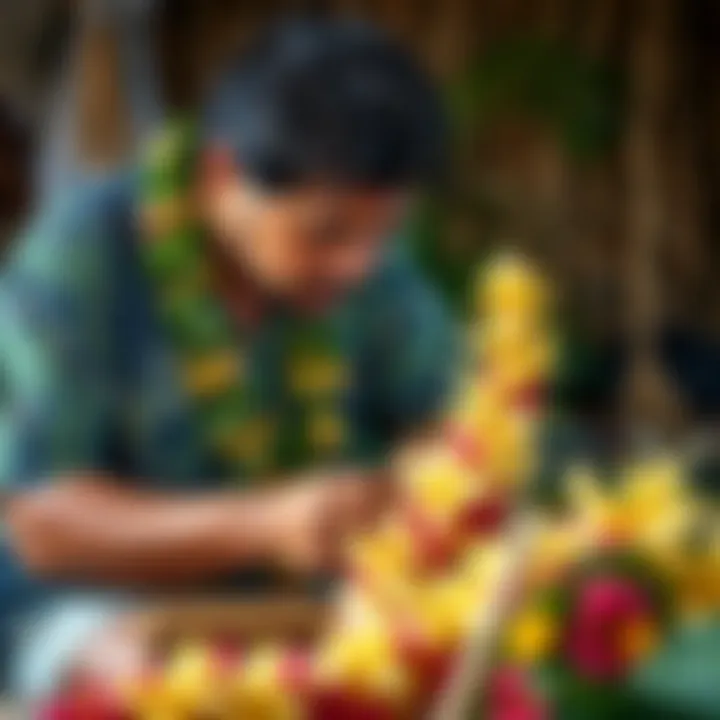 Artistry in Lei Making An artisan skillfully crafting a traditional Hawaiian lei
