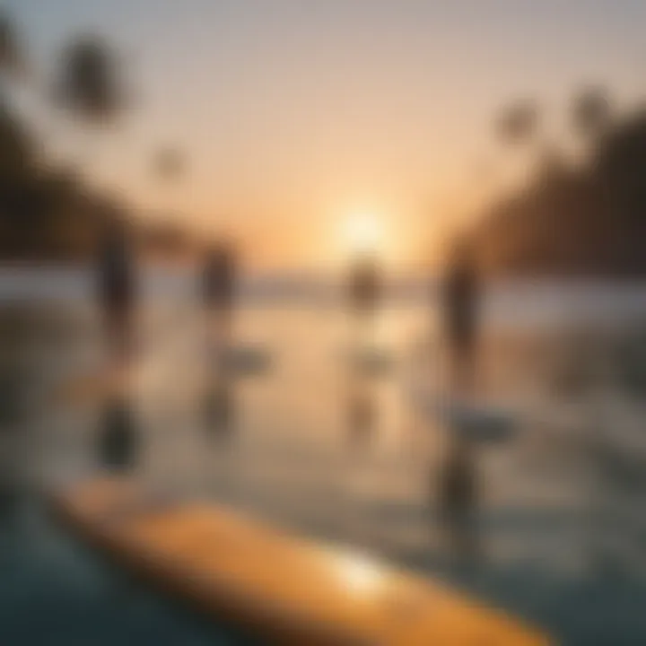A group practicing yoga on paddleboards at sunrise