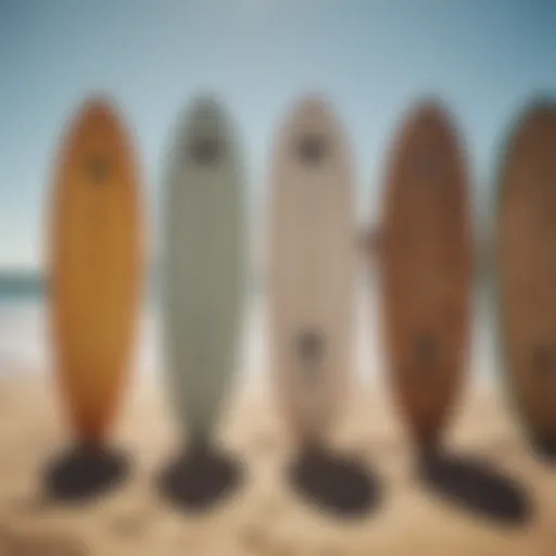 Various Exile skimboards displayed on a sandy beach