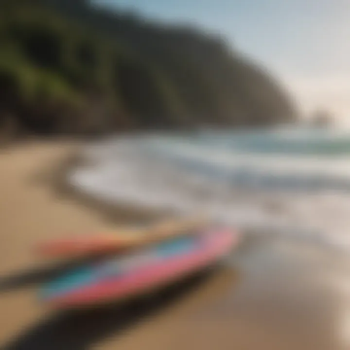 A scenic beach setting with multiple fiberglass skimboards lined up