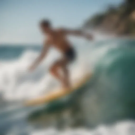 A sleek fiberglass skimboard gliding over the waves