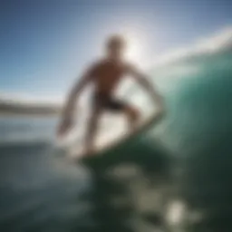 A surfer captured mid-action riding a wave with a GoPro mounted on the surfboard