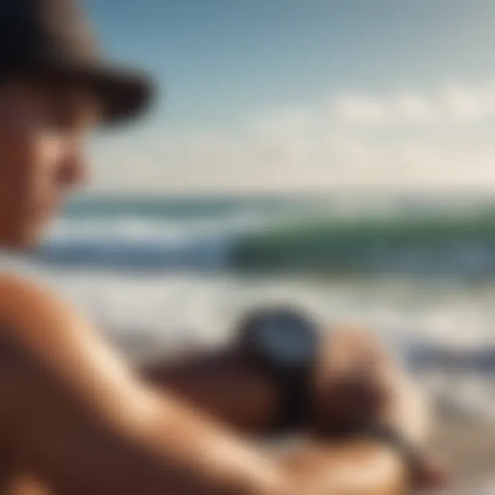 A surfer checking the time on a G-Shock watch while at the beach