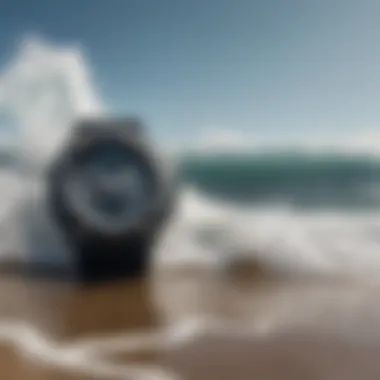 An artistic shot of G-Shock watches with ocean waves in the background