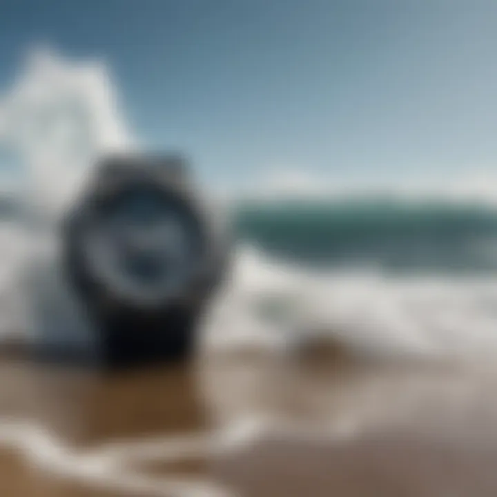 An artistic shot of G-Shock watches with ocean waves in the background