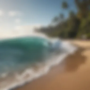 An iconic beach scene with surfers catching waves