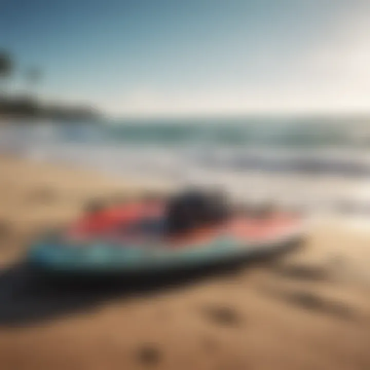 Kiteboarding gear laid out on the beach