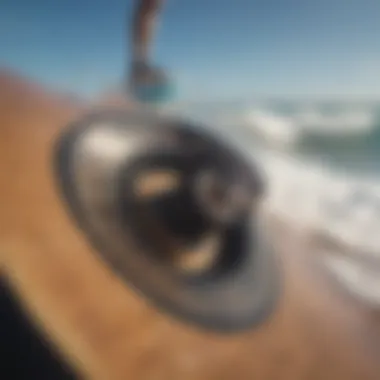 Close-up of a longboard wheel demonstrating its unique features