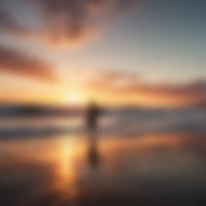 Vibrant sunset over the beach with surfers in silhouette