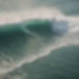 Aerial view of surfers catching waves at a popular beach near Los Angeles