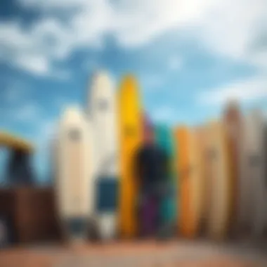 Surfboards and Apparel in Harmony A diverse range of surfboards and apparel in a coastal setting