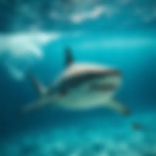 The Majestic Great White Shark A stunning great white shark gliding through crystal clear waters, showcasing its powerful physique and stealthy hunting prowess.