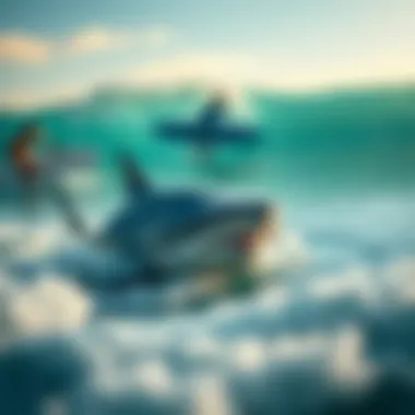 A striking image of a shark swimming alongside surfers, symbolizing the coexistence of humans and these apex predators in marine environments.