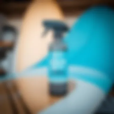 Close-up of Surf City Garage Black Edge Detailer bottle with surfboard in background