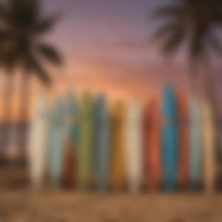 Surfboards lined up on the beach at sunset