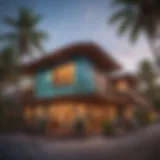 Vibrant surf hotel exterior with palm trees