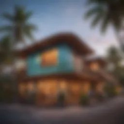 Vibrant surf hotel exterior with palm trees