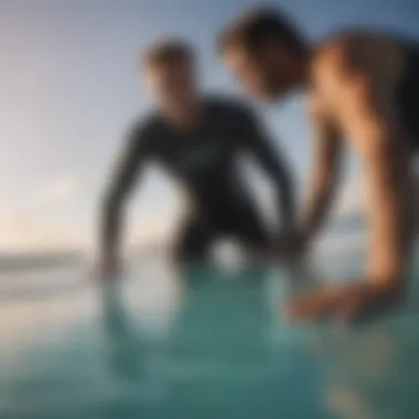 A surfer inspecting and maintaining their equipment