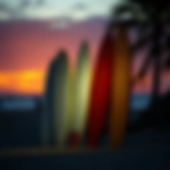A serene beach setting highlighting surfboards against the sunset.