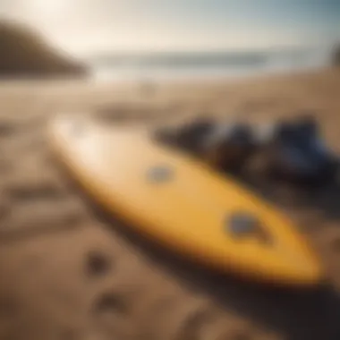 A close-up of essential surfing gear laid out on the sand