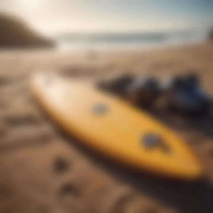 A close-up of essential surfing gear laid out on the sand