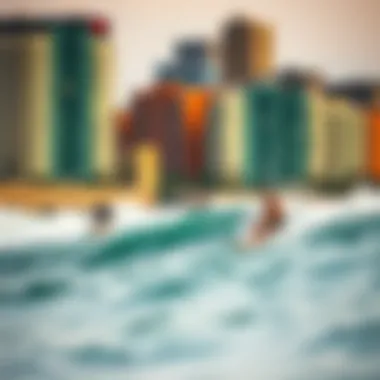 A breathtaking view of surfers riding waves in the urban setting