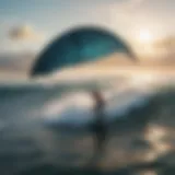 A close-up of a wind foil kite soaring above the ocean, showcasing its unique design.