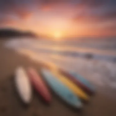 Scenic view of Malibu beach showcasing surfboards lined up at sunset