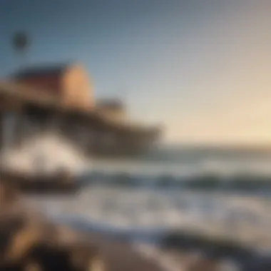 Waves crashing against the rocks at Santa Monica Pier, vibrant lifestyle atmosphere