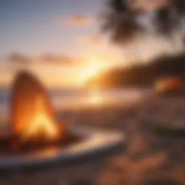 Cozy beach bonfire at sunset with surfboards nearby