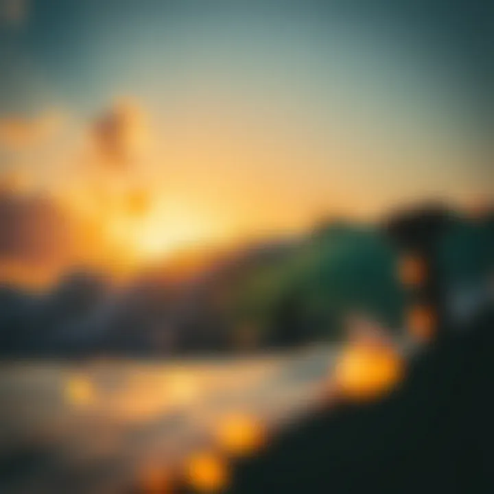 Surfers riding the waves during a beautiful sunset