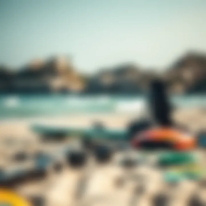 An array of surfing equipment laid out on a sandy beach