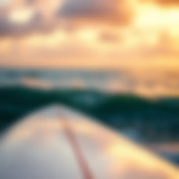 Essential Gear: The Surfboard and Its Surroundings Close-up of surfboard with ocean in the background