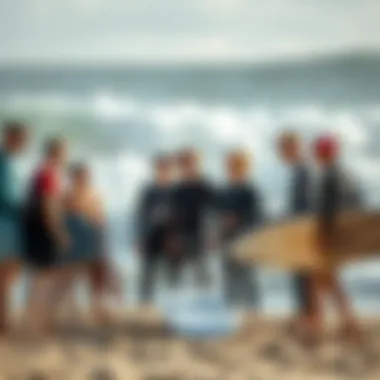 Surfing Community: Sharing Knowledge and Passion Group of surfers discussing techniques on the beach