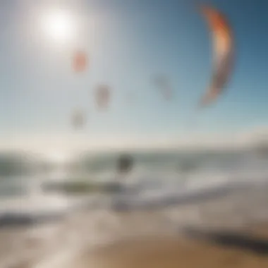 A lively group of kite surfers enjoying a sunny day at the beach