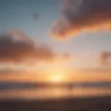 A vibrant kite soaring above a serene beach at sunset