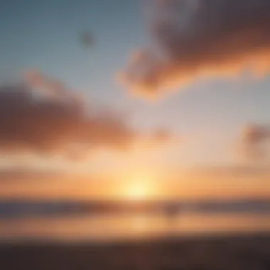 A vibrant kite soaring above a serene beach at sunset