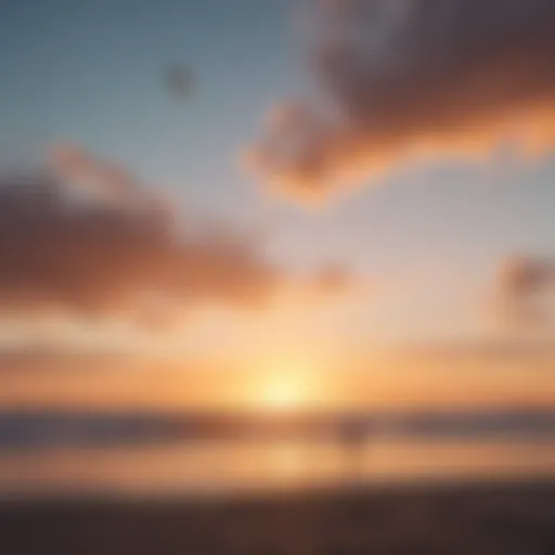 A vibrant kite soaring above a serene beach at sunset