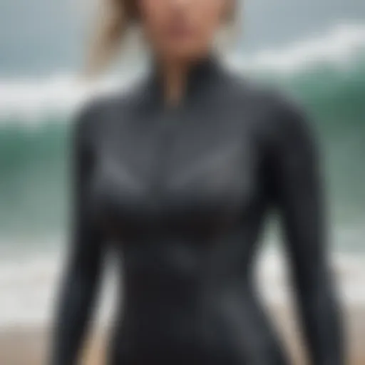 Detailed view of front zip surf suit showcasing zipper mechanism and design